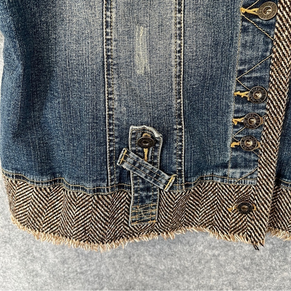 BABY PHAT Y2K Vintage Jean Jacket Tweed Trim Rhinestone Cat Bling Distressed 3X - Picture 5 of 12